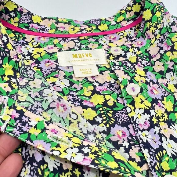 Anthropologie Maeve Multi-Color Floral Print Long-Sleeve Blouse Size Small Cotto - Picture 4 of 13